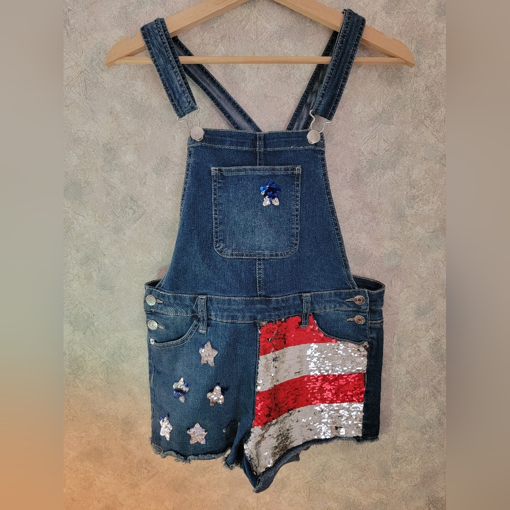 Justixe Girls Denim Blue Overalls Shorts With Sequins And American